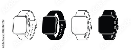 Set of four smartwatch designs in black and white outline.
