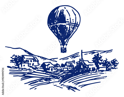 Scenic hand drawn sketch of a hot air balloon flying over a small village and hills