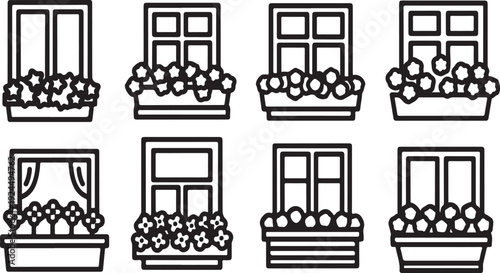Eight distinct window box arrangements with various flowers and plants Vector
