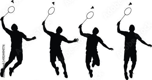 Badminton player silhouette sequence jumping smash action poses isolated black vector illustration set for sports design concept