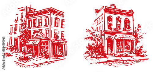 Vintage red ink sketch of classic European city buildings and storefronts