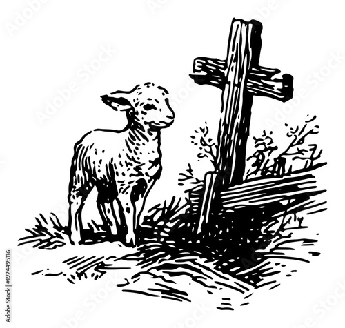 Religious easter sketch of a small baby lamb standing by a wooden cross