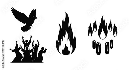 Religious symbols of a dove, flames, and praying people in silhouette