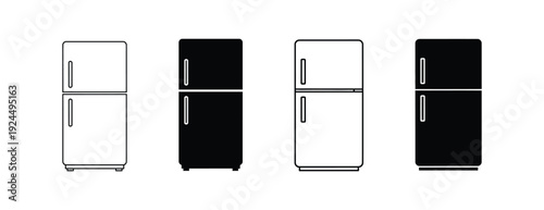 Four different refrigerator designs in black and white.
