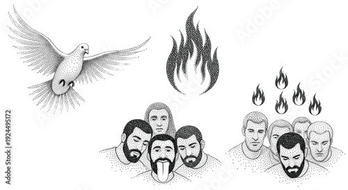 Pentecost symbols: dove, flames, and disciples receiving the Holy Spirit