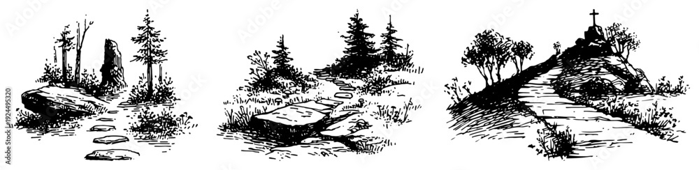 Fototapeta premium Set of black ink landscape sketches featuring nature paths and a hill with a cross