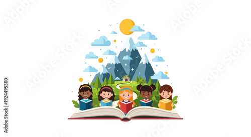 Vector illustration of children reading a book with a magical world emerging from the pages in a fantasy setting