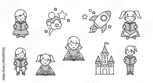 A group of children reading and imagining in a fantasy world with magical book illustrations and cute cartoon characters