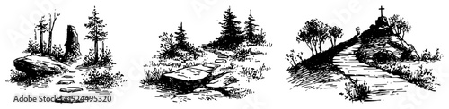 Set of black ink landscape sketches featuring nature paths and a hill with a cross