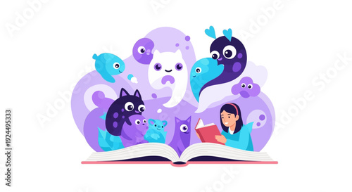 A young girl reading an open book with fantasy creatures and a magical world coming out of it in a whimsical illustration with bright colors