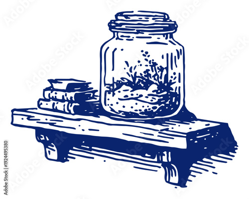 Still life with glass terrarium jar and books on a wooden shelf in blue ink style