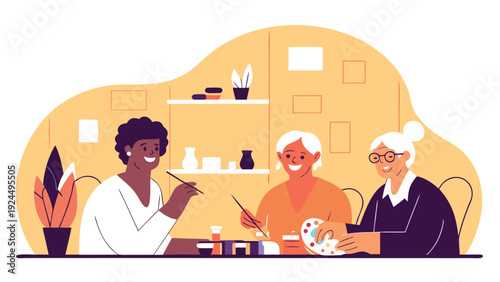 Three diverse senior women sitting at a table with paints and brushes enjoying an art and craft activity.