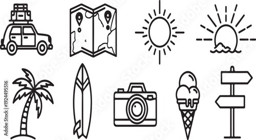 Vacation icons representing travel, adventure, and leisure activities Vector