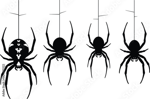 Black spider silhouette set hanging on webs, various creepy crawly insects isolated on white background for Halloween and spooky design.