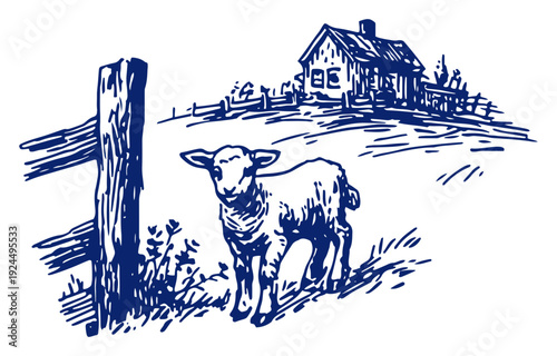 Rural farm landscape featuring a sheep standing near a wooden fence and a house
