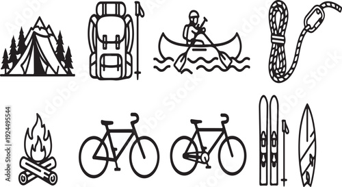 Outdoor activities and equipment for adventure and leisure. Vector