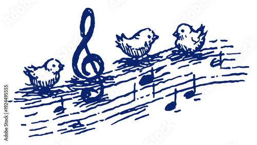 Artistic blue ink drawing of three birds sitting on musical notes and a treble clef