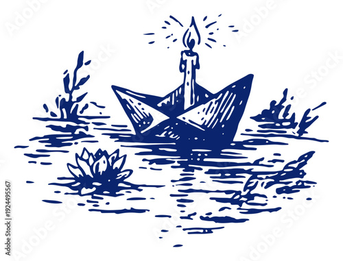 Hand drawn ink illustration of an origami paper boat with a candle floating on water