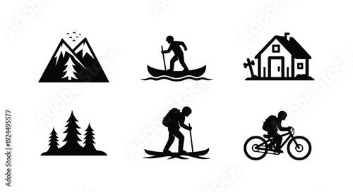Set of outdoor adventure icons including mountains, canoeing, cabin, trees, skiing, and cycling