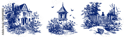 Set of three vintage blue ink sketches featuring a manor house bell tower and garden gate