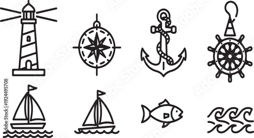 Assorted nautical icons including a lighthouse, compass, anchor, and more Vector