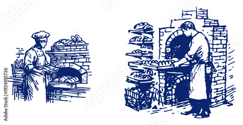 Traditional bakery scene with bakers preparing fresh bread in a classic brick oven blue ink sketch
