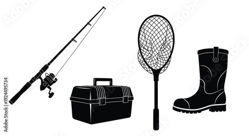 Fishing gear collection including rod, reel, tackle box, net, and boot
