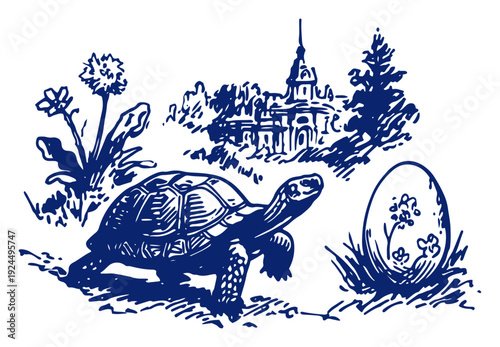 Surreal ink drawing of a large tortoise next to a decorated egg with a palace in the distance