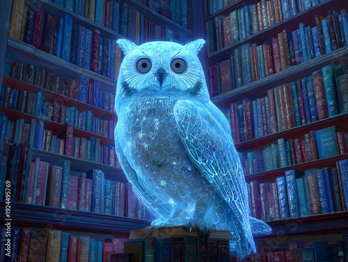 The Sentinel of Knowledge: A luminous owl, a symbol of wisdom and learning, perches regally amidst towering shelves of books, its ethereal presence illuminating a world of knowledge.
