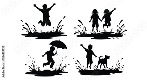Children silhouettes jumping in puddles with a dog and umbrella, joyful outdoor fun
