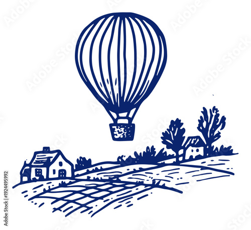 Scenic blue ink illustration of a hot air balloon flying over a peaceful rural village