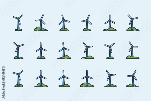 Illustration of wind turbines in various orientations and positions
