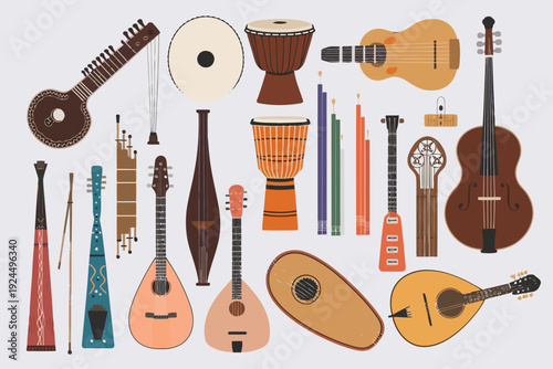 Diverse collection of traditional and modern musical instruments displayed together