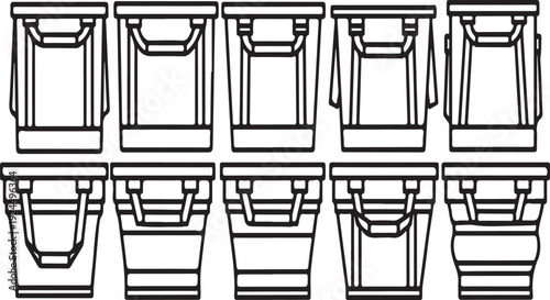 A row of six identical rectangular containers with lids and handles on top Vector