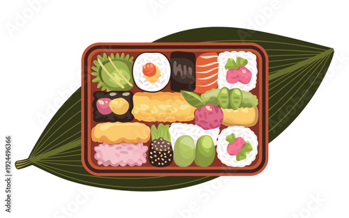Colorful japanese bento box arranged on a green leaf background