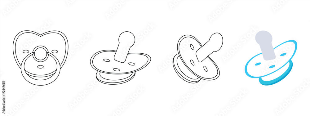 Fototapeta premium set of baby care pacifier dot icons for newborns, baby equipment in various view positions isolated on a white background. Vector illustration