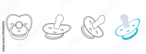 set of baby care pacifier dot icons for newborns, baby equipment in various view positions isolated on a white background. Vector illustration