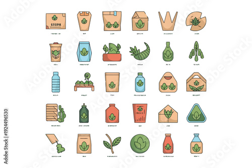 Illustrated collection of eco-friendly and organic grocery items and packaging designs