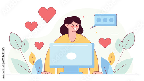 Smiling woman using a retro computer with a chat bubble and hearts floating around, surrounded by plants.