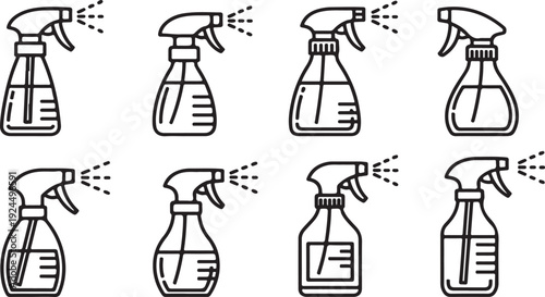 Eight different spray bottles with various designs and features Vector