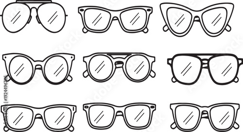 A diverse collection of ten unique eyeglass frames showcasing various styles and designs. Vector