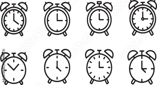 A collection of eight distinct alarm clocks displaying various times Vector