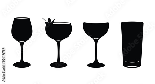 Collection of black silhouette cocktail glasses and a highball glass on white background
