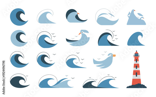 Whimsical illustrations of waves and a lighthouse by the sea