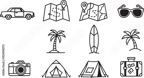 Vintage travel icons showcasing various vacation and adventure elements Vector