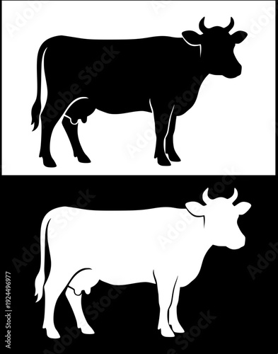 Farm animal icon, vector illustration of a cow, with silhouette design, in original and negative versions