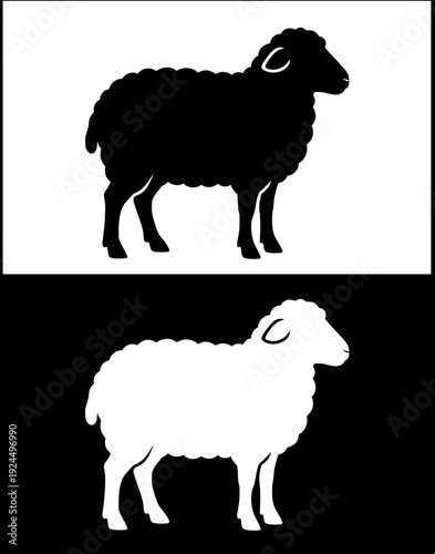 Farm animal icon, vector illustration of a sheep, with silhouette design, in original and negative versions