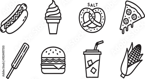 A variety of popular fast food items illustrated in a simple black and white line drawing style. Vector