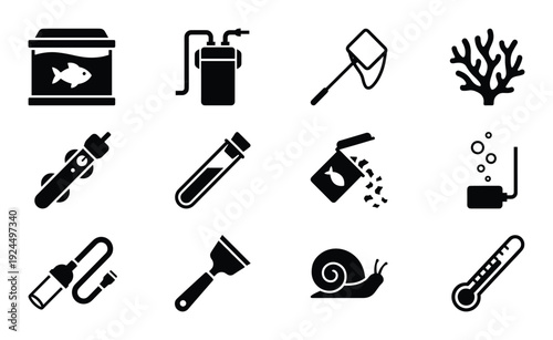 Aquarium accessories vector collection including fish tank, filter, heater, food, net, decoration, thermometer