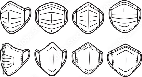 Illustrations of various face mask designs with different pleat patterns and shapes Vector
